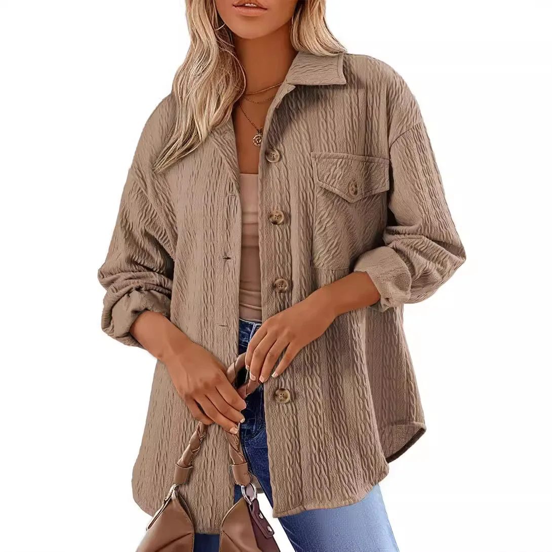 Women's Solid Color Long Sleeve Jacket Turn Down Collar Button Coat Tops with Pocket Female Loose Fit Fashion Casual Outerwear