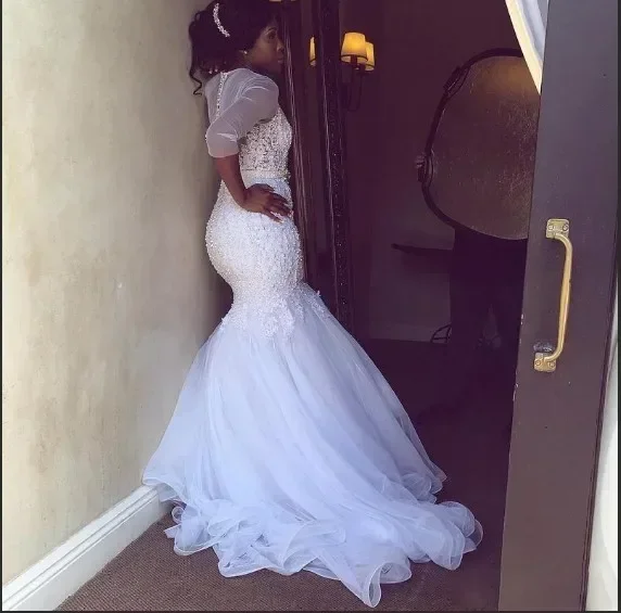 Customized  Lace Applique Mermaid Wedding Dress Court Train Vintage 3/4 Sleeves African Plus Size Country Beaded Bridal Gowns
