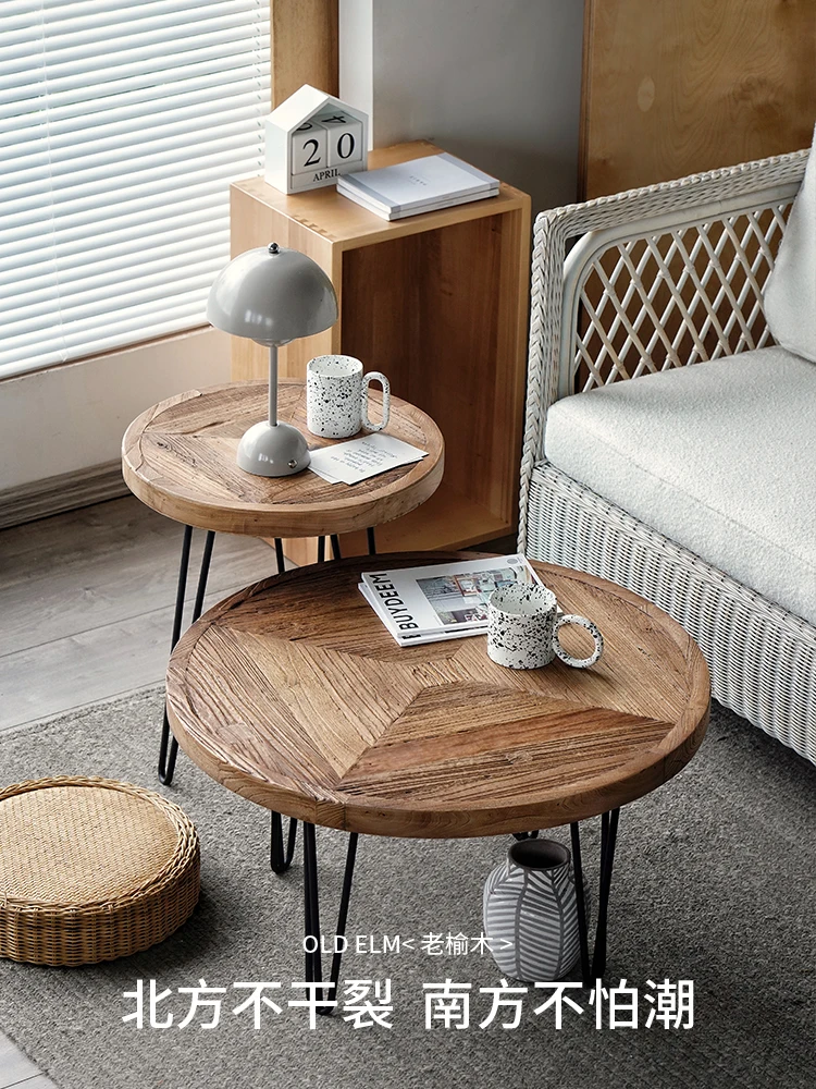 

Nordic tea table, small size old elm tea table, large and small combination, living room and household small apartment wasabi