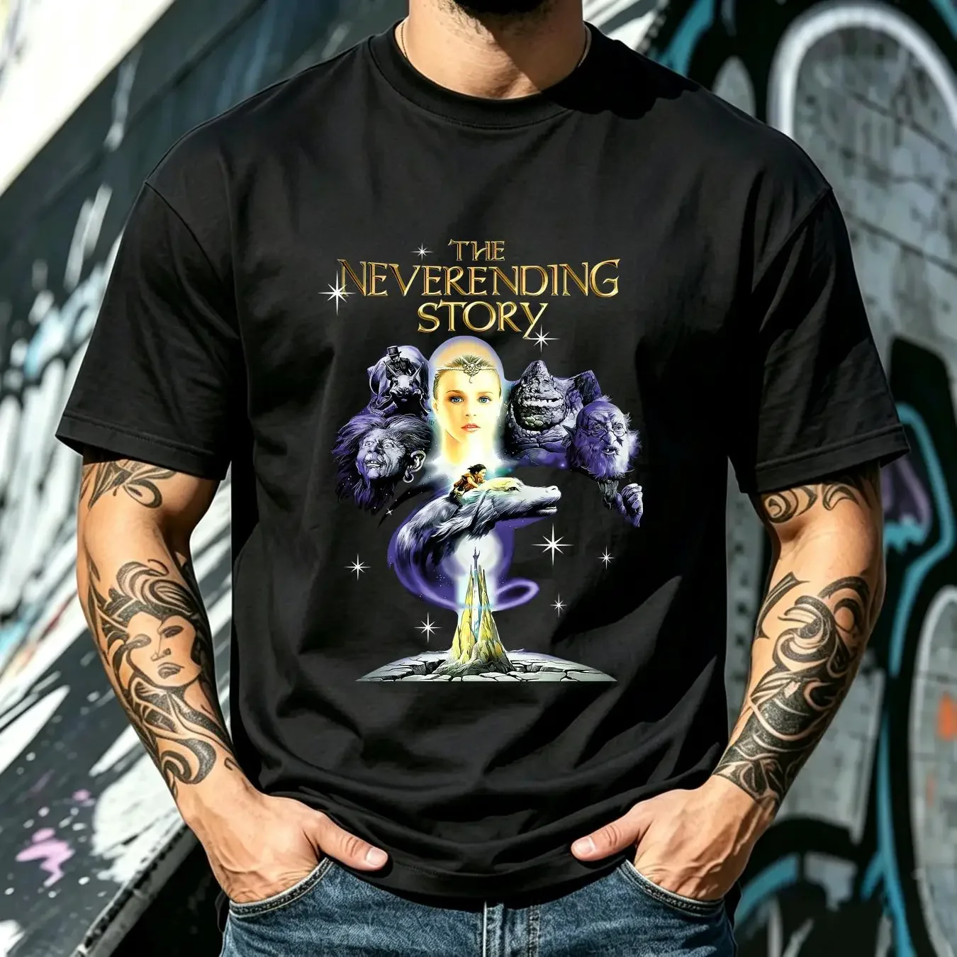 washed T Shirt The Neverending Story V3 Movie Poster Colors Black All Sizes S to 5XL long or short sleeves vintage Washed