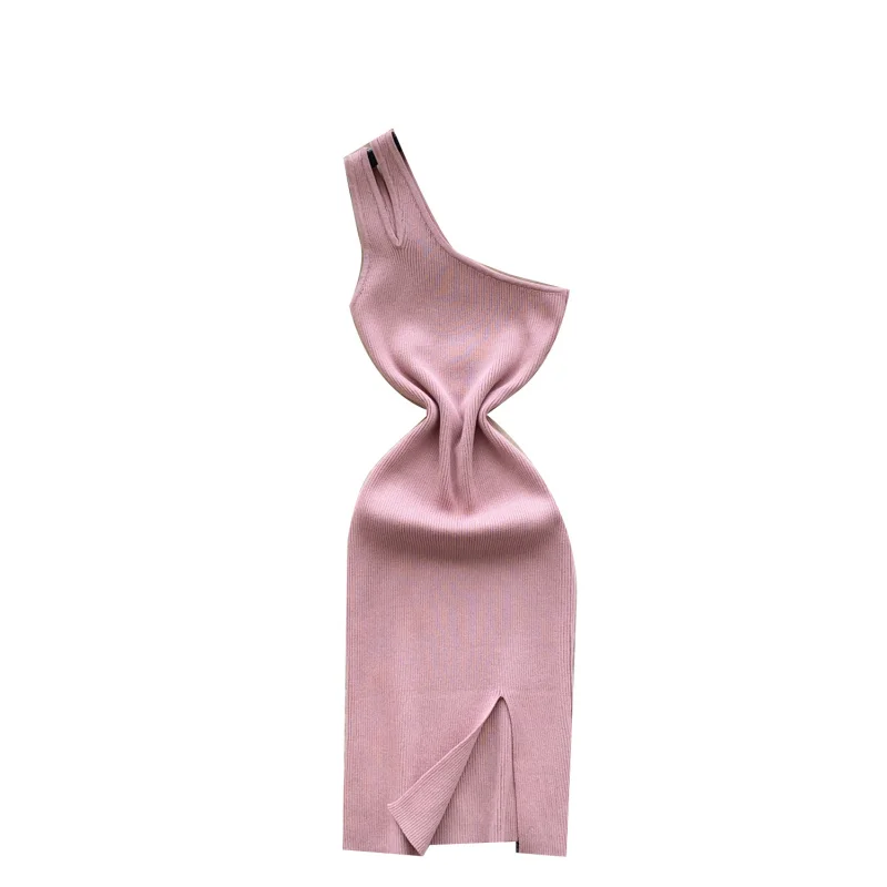 Women sexy slim summer chic one-shoulder knitted bodycon short dress casual sheath cut-out night club split streetwear dress