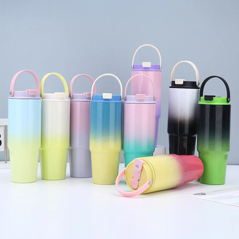 Small fresh 30oz stainless steel gradual change color portable with straw handle thermos cup household high value