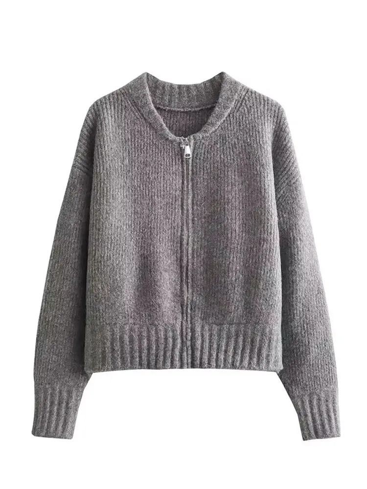 

2025 Spring Female Women Vintage Solid Color Coat Long Sleeve Round Neck Sweater Jacket Casual Zipper Sweater Coats