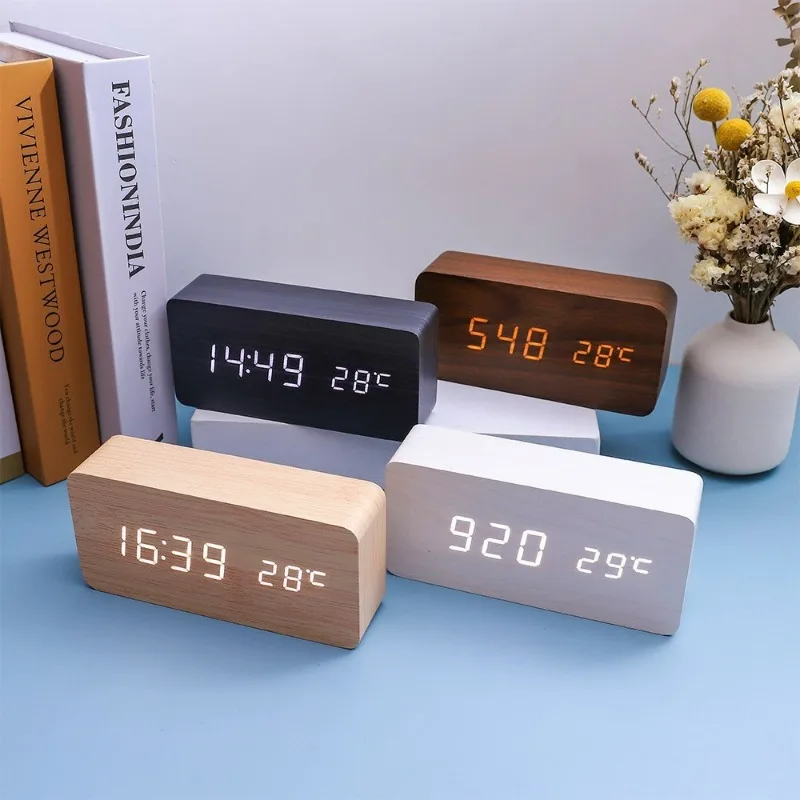

Wooden Digital Alarm Clock with Wireless Charging, LED Clock with Time, Date,Temperature, Desk Clocks for Office,Bedside Clock