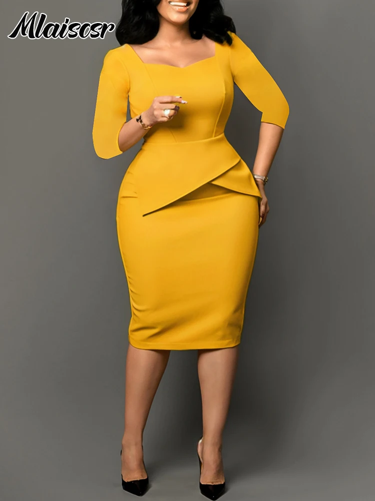 Mlaiscsr Elegante Vierkante Kraag Driekwart Mouw Peplum Buik Cover Bodycon Mid Pecil Jurk Vrouwen Afrikaanse Herfst Kantoor Vestido