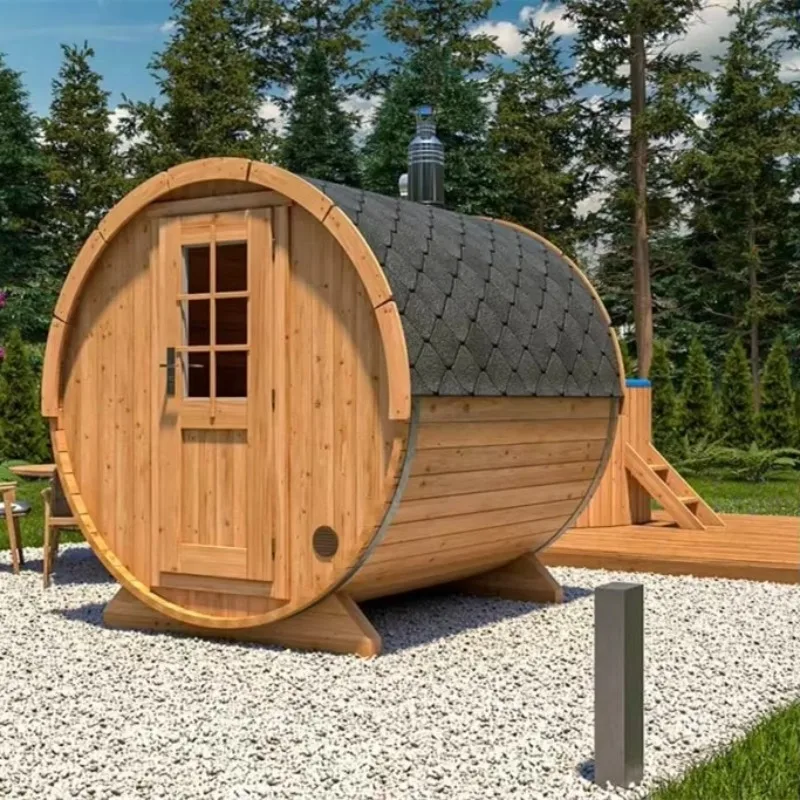 Salón de sauna de barril de madera al aire libre, Saunas de madera tradicionales de jardín canadiense Hemlock para 4-6 personas con dosel