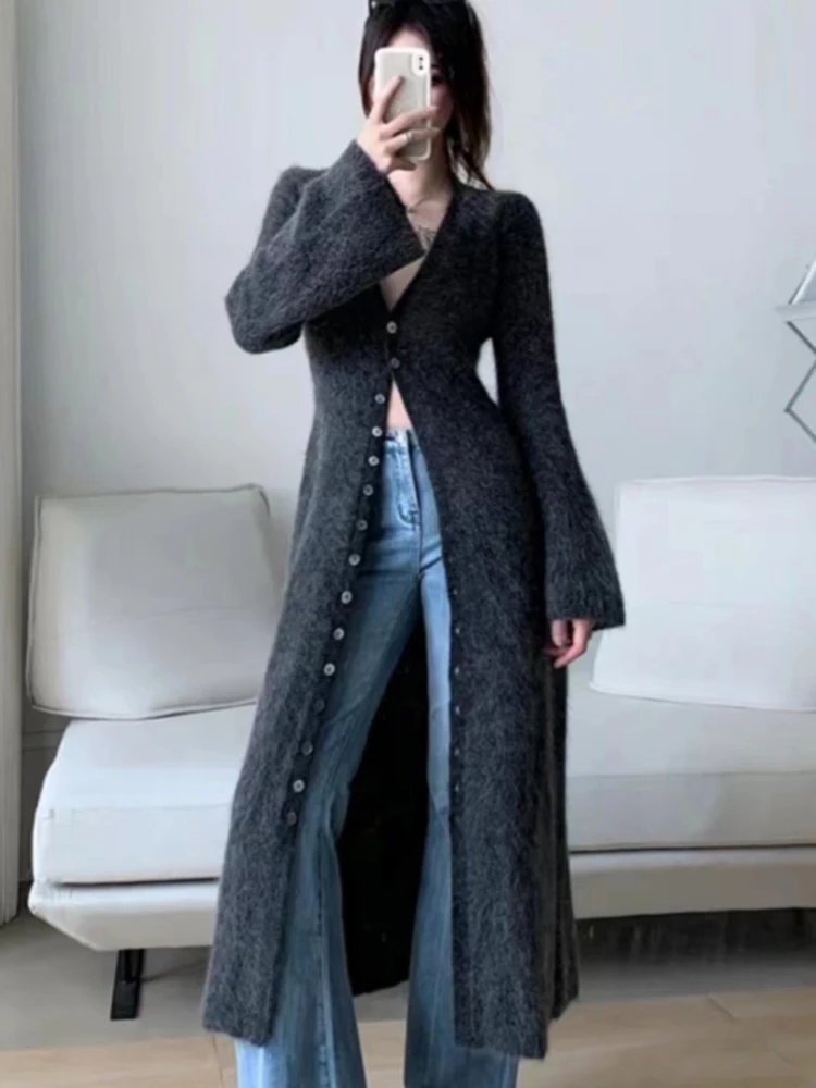 [oein] 2024 Women Autumn Winter French Long Cut Waist Slimming Knitted Cardigan High-end Temperament, Mohair Sweater Jacket Over