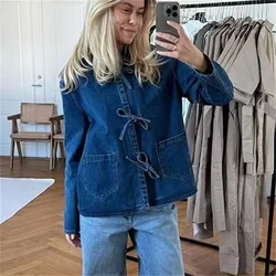 Taop&Za 2024 Summer New Product Women's Fashion Casual Loose Lapel Long Sleeve Lace up Washed Denim Shirt