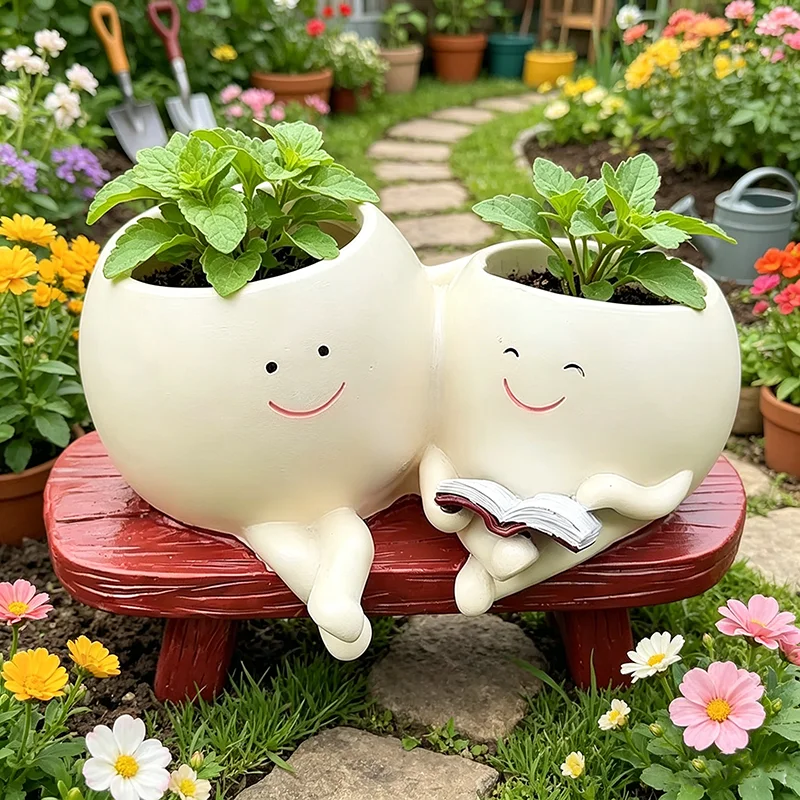 Cute resin succulent flowerpot indoor and outdoor garden home decoration double headed flowerpot unique desktop  JJ2692