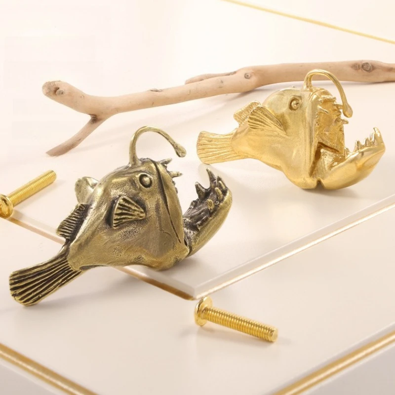 Brass Furniture Creative Ocean Door Handle Lantern Fish Metal Handle Wardrobe Bedroom Cabinet Door Children's Fun Copper Handle