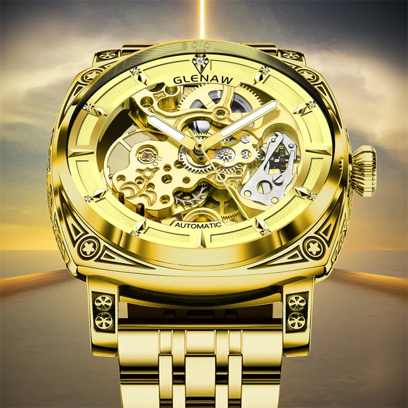 GLENAW Men Watch Skeleton Mechanical  Wristwatch Gold Skeleton Retro Man Watch Top Brand Luxury Clock Mens Watches Reloj Hombre