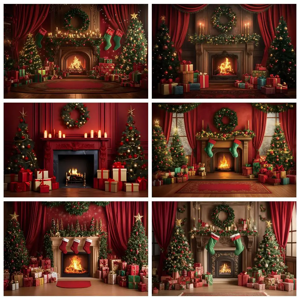 

Christmas Photography Background Red Wall Curtain Christmas Tree Fireplace Interior Kid Portrait Photocall Backdrop Decor Supply