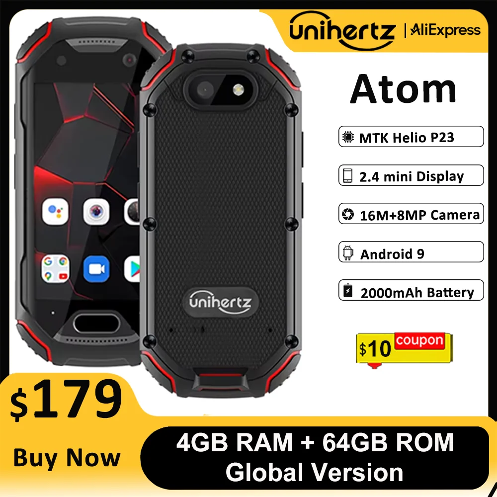 Unihertz-ATOM 월드 미니 견고한 스마트 폰, 4GB 64GB 안드로이드 9 옥타 코어 2.45 인치 잠금 해제 핸드폰 2000mAh NFC, 재고 있음