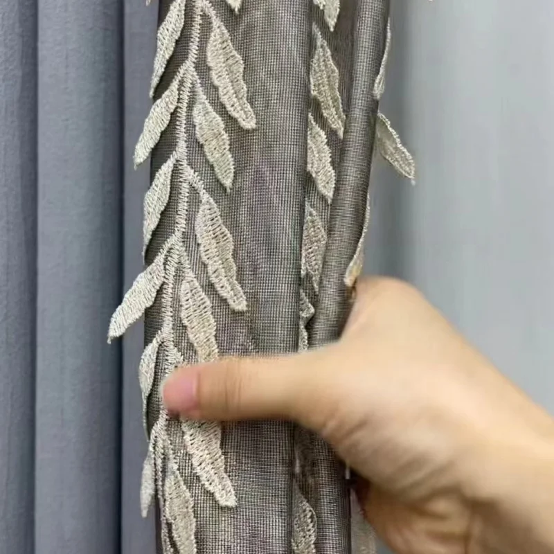 Custom. New French Style 2023 Embroidered Lace Gray Milk Tea Color Light Luxury High-end Simple Translucent Living Room Dou