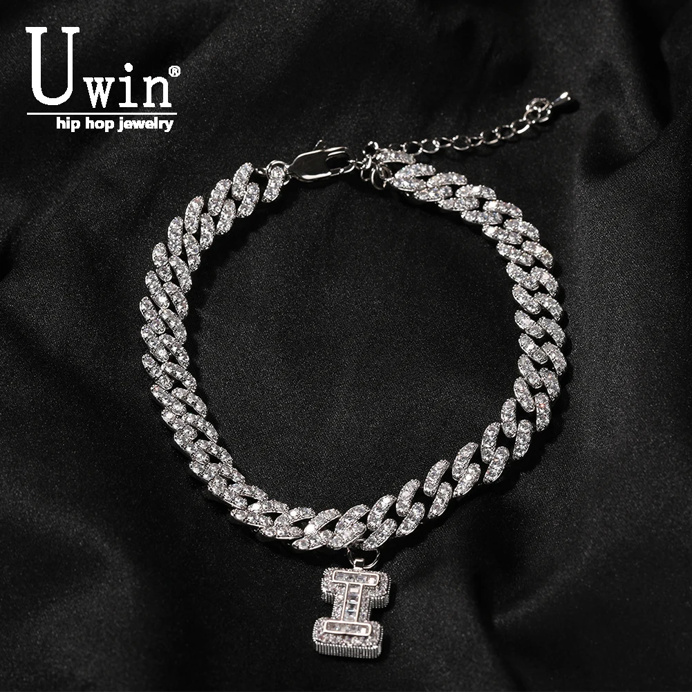 Uwin Custom Baguette Letters Necklace With 9mm Iced Out Cuban Link Anklet Plus 2 inch Extension Chain Fashion Charm Jewelry Gift