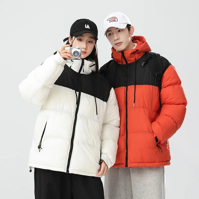 2024 Winter New Couple Patchwork Hooded Parkas Cotton Jacket Men Women Casual Bread Clothing Thickened Padded Cotton Warm