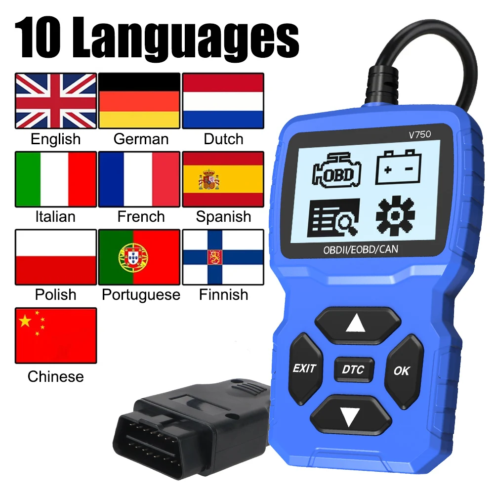 Check Engine System Read Vehicle Information Car Diagnostic Tool V750 OBD2 Scanner Code Reader Battery Tester Multi-language