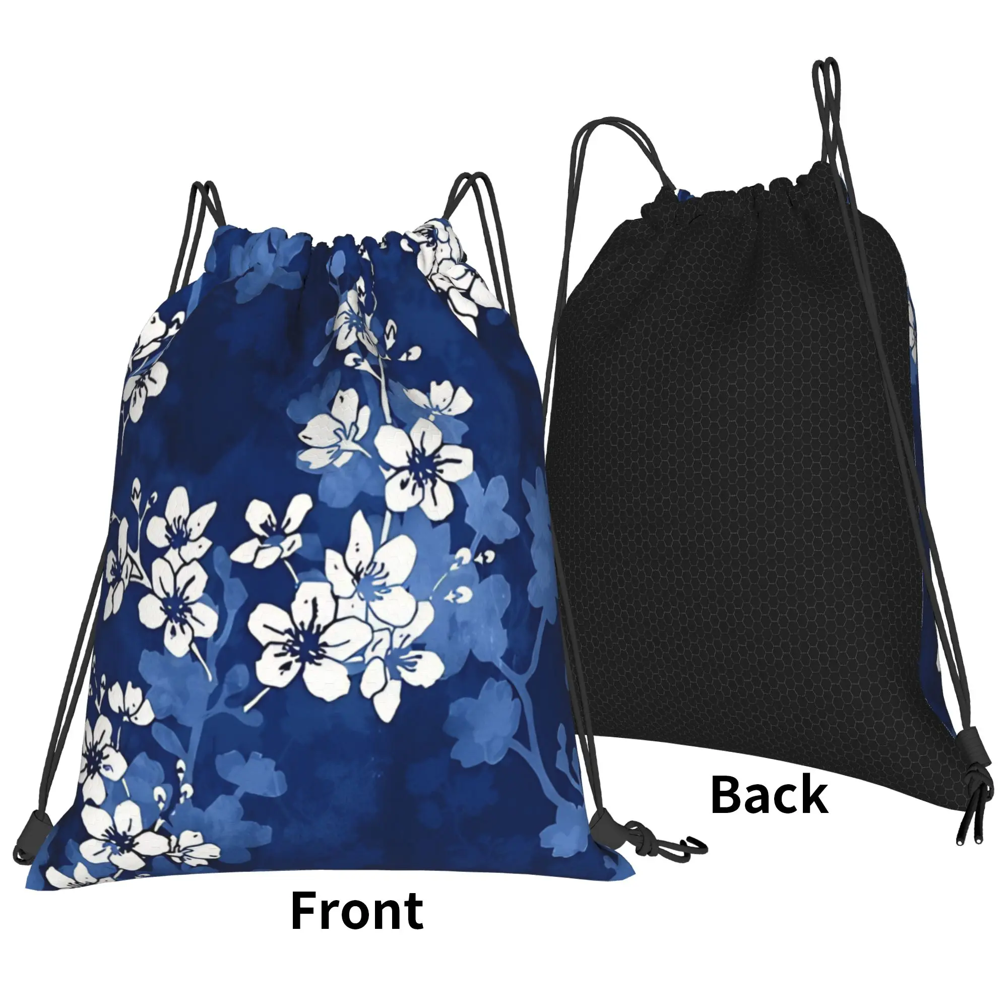 Floral Sakura blossom in deep blue Portable Hiking Riding Gym Drawstring Storage Sporty Backpacks