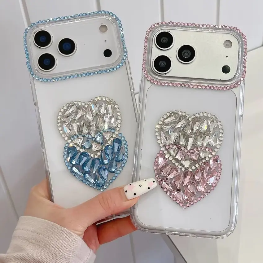 Luxury Sweet Sparkly Spliced Rhinestone Heart Clear Protect Phone Case for 17 Pro Max Bead Wrist Strap Cover for iPhone 16 15 14