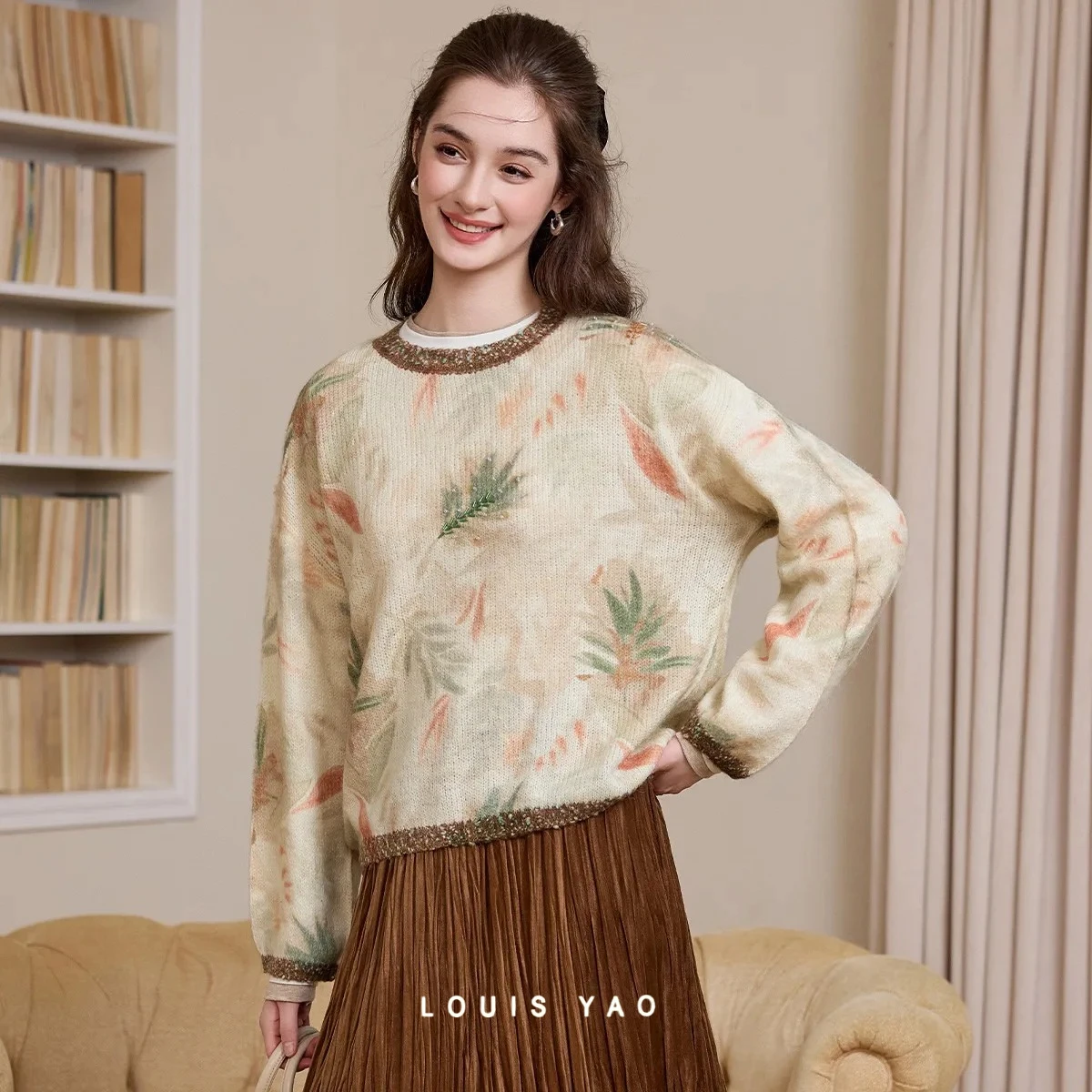 LOUIS YAO Printed Sequined Slouchy Women's Knitwear 2025 Autumn/Winter Loose Drop Shoulder Pullover Slightly Stretchy Sweater - Detail 1