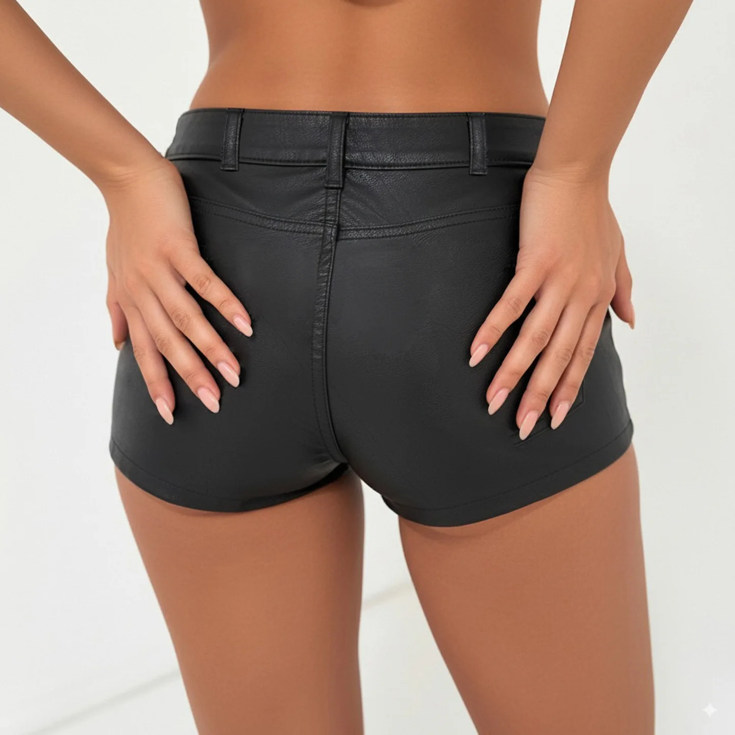 Europeu e americano feminino rua vento escuro personalidade shorts de couro preto moda bolsos baixos hip apertado calças quentes.