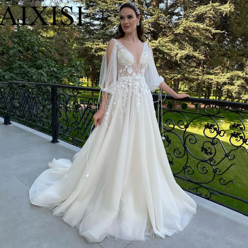 Bohemian wedding Dress V-neck White Ivory Long sleeves 3D applique lace A-line bridal dress Beach Puff sleeves