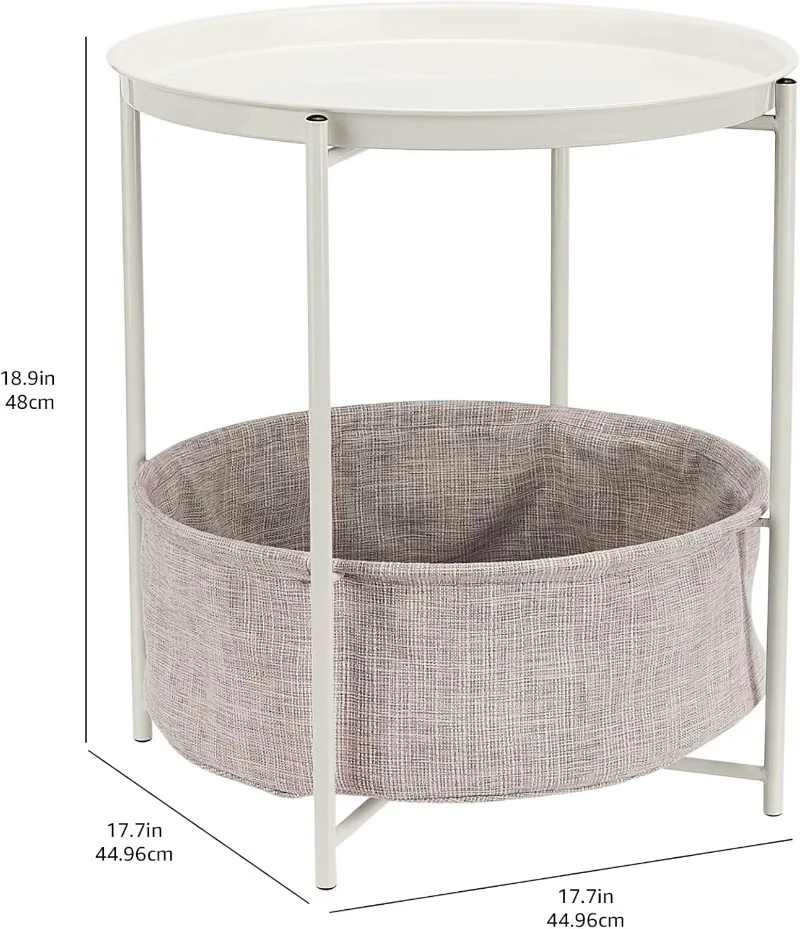Round Storage End Table, Side Table with Cloth Basket, White/Heather Gray, 17.7