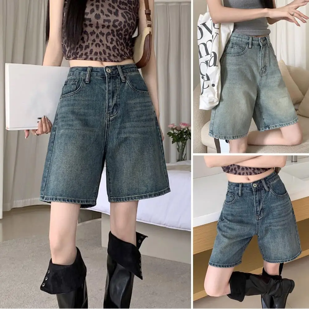 Retro Denim Shorts for Women Summer 2023 High Waist Five-point Pants Loose Straight A-line Half Pants Korean Style Clothing