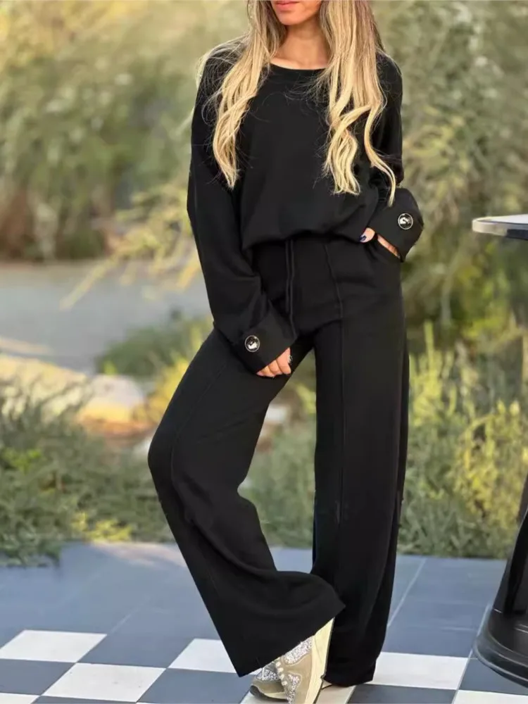 Casual Sporty Style Two Piece Set Women Solid Color Long Sleeve Tops Wide Legs Trousers 2 Piece Sets Lady Commuting Pants Suit