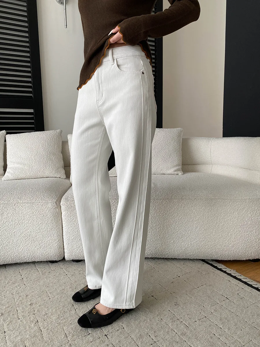 Celana jeans wanita kasual warna polos pinggang tinggi potongan lurus ramping dan berbulu halus