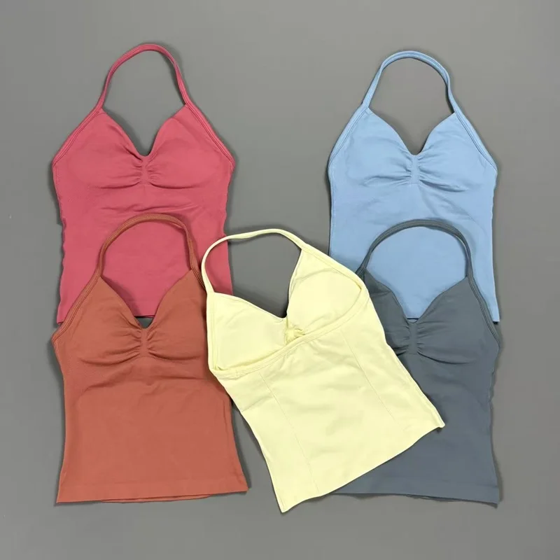 Sports Halter V Neck Longline Strappy Padded Top Women Removable Cups Seamless Fitness Tops Yoga Running Gym Workout Vest