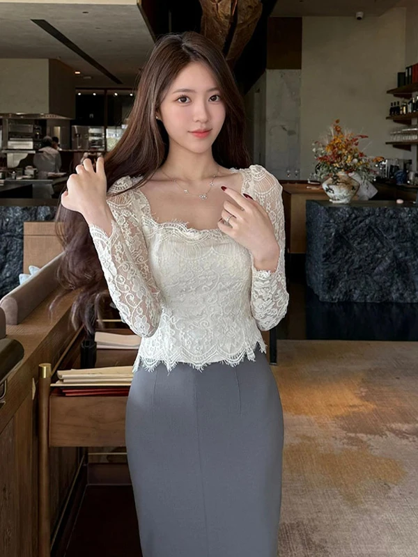 

Женская кружевная блузка Ele Long Sve с уникальным дизайном, в стиле Sweet Spicy Girl, с высококачественным квадратным воротником и акцентом на талии.