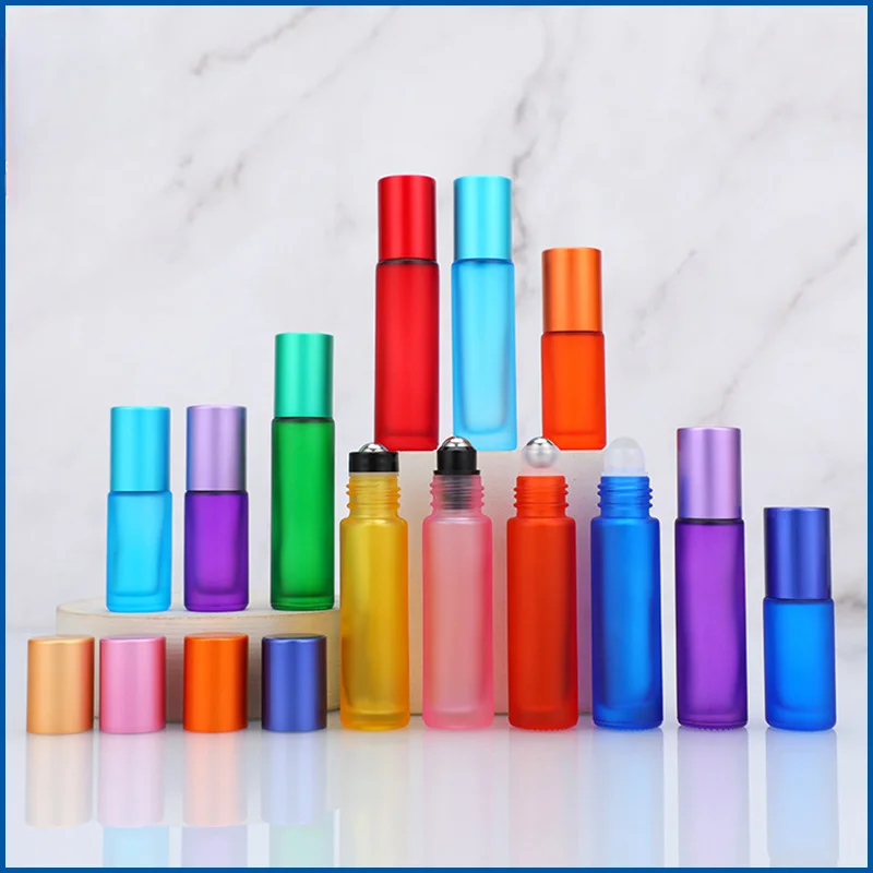 5Pcs Roller Ball Essential Glass Oil Bottle Colorful Empty Bottle Essential Oil Perfume Bottles Stainless Steel Roller Ball