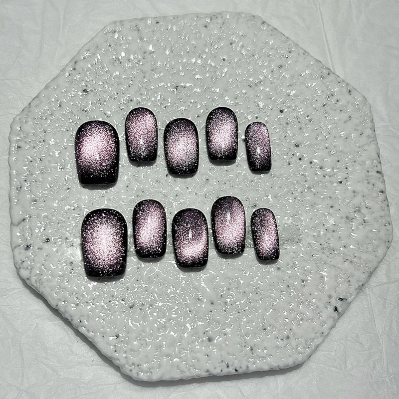 10 piezas misteriosas simples cortas hechas a mano prensa en las uñas Super brillo púrpura ojo de gato arte uñas postizas removibles reutilizables