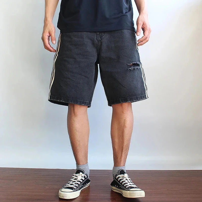

striped edge heavy wash made old ripped cotton denim shorts men's Japanese trend loose summer quarter pants