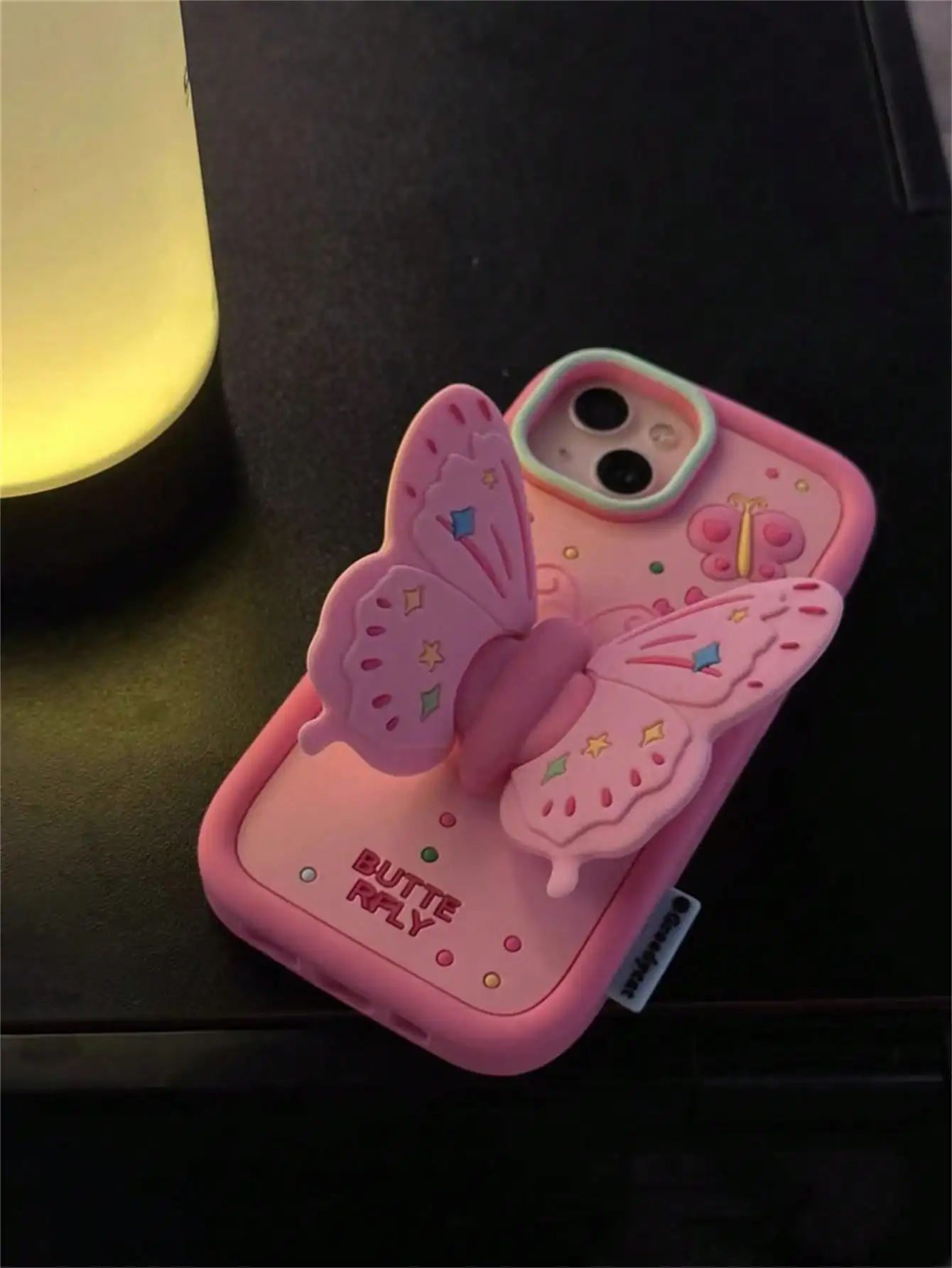 3D Pink Butterfly Strap Holder Suitable For iPhone 14 Phone Case  12 Pro Max 11 Silicone 13 15