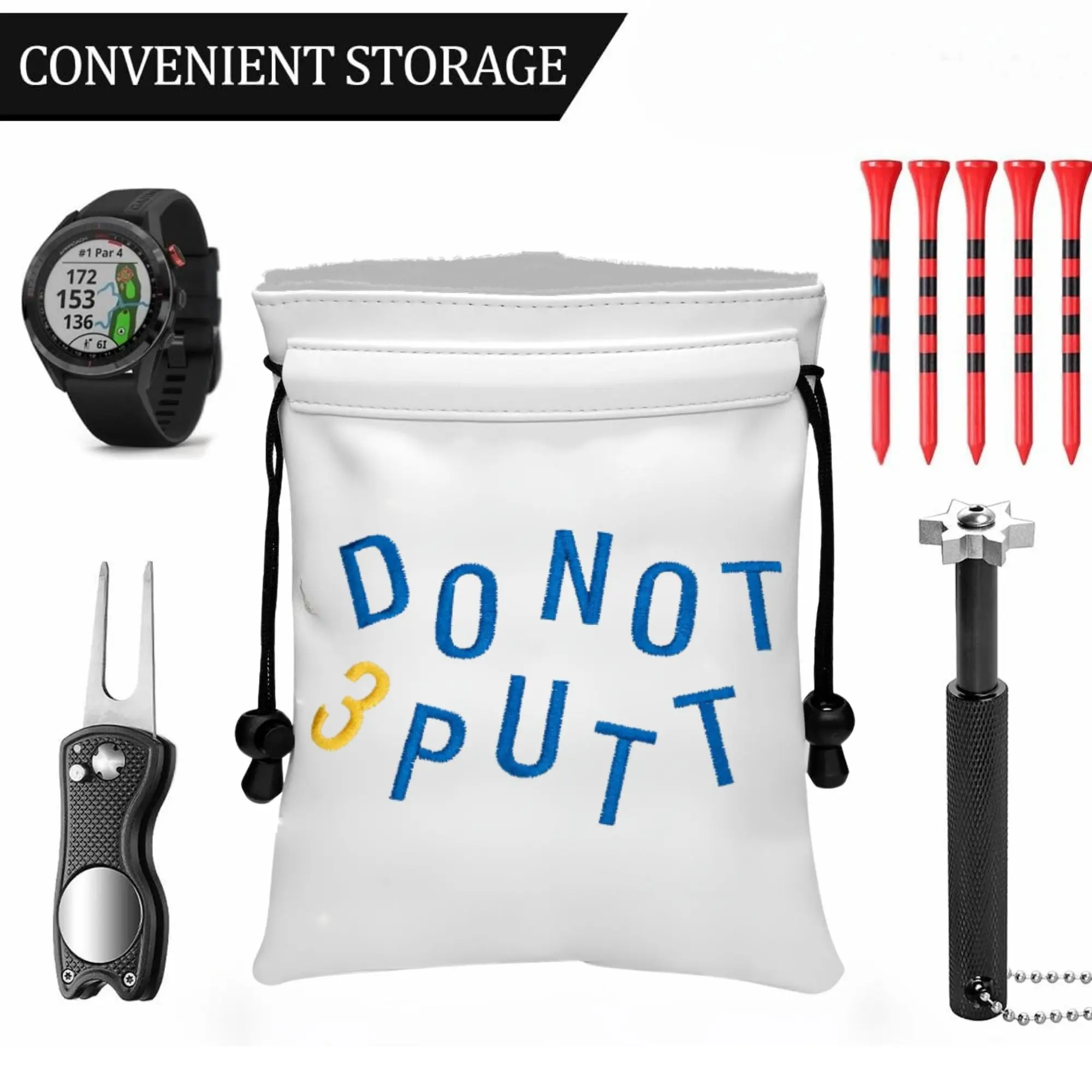 Funny Golf Valuables Pouch, PU Leather Golf Tee Pouch with Drawstring Closure Golf Ball Handbag Portable Ball Pouch