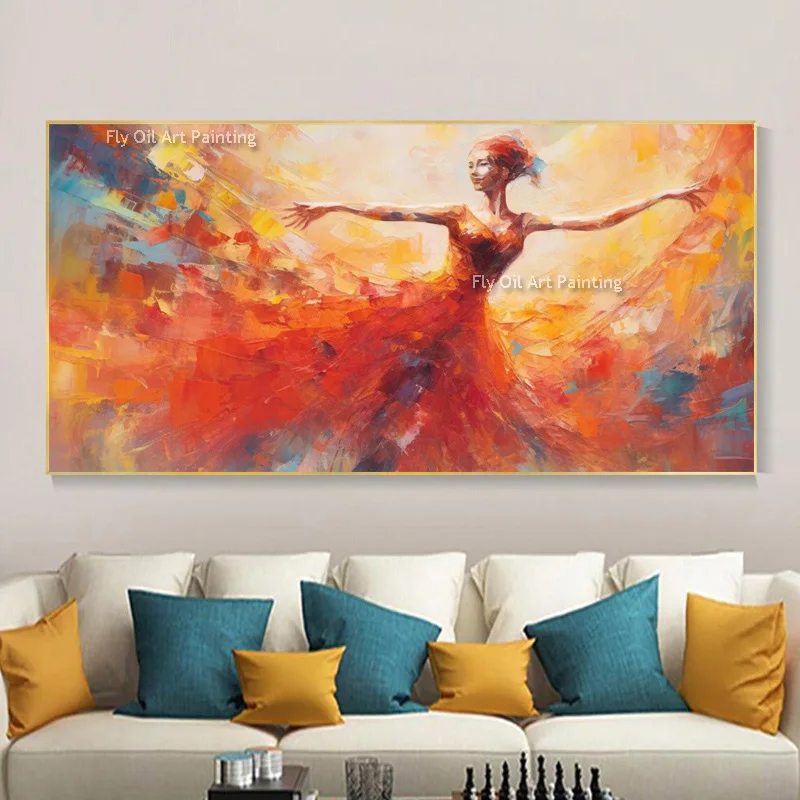 Abstract Handpainted Large Orange Red Beeautiful Women Dancing Oil Painting On Canvas Blue Red Girls Knife Thick Wall Art Decor