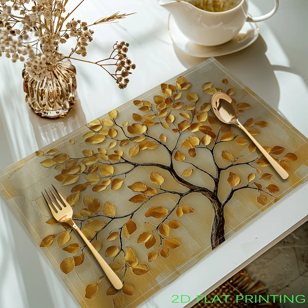2D Flat Printing Golden Leaves Tree Printed Placemats,Table Mats Washable Placemats for Kitchen Dining Table Decoration