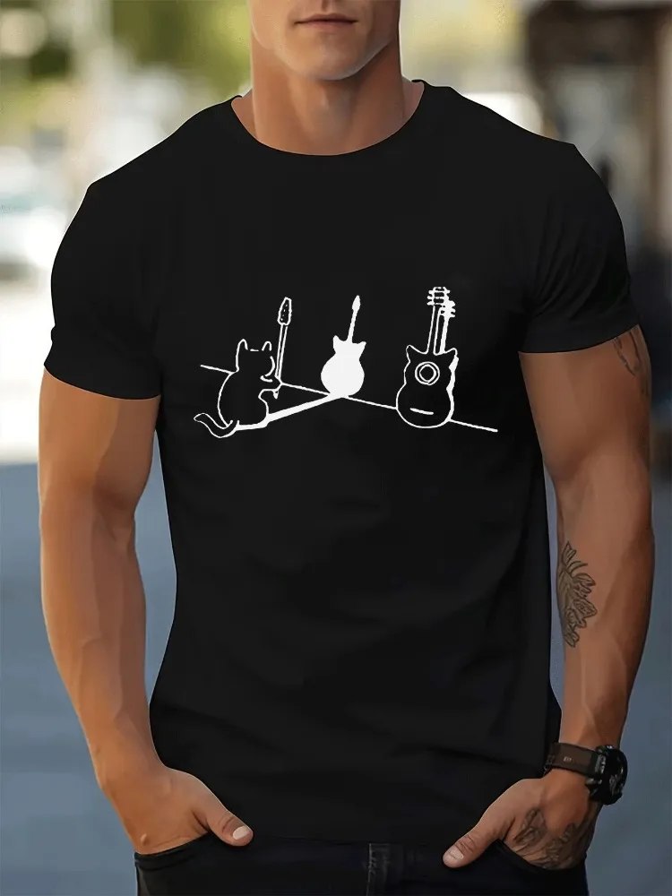 Minimal Line Art Mens Navy Short Sleeve Cotton Tshirt Cat With Electric Acoustic Guitar Outline Print Music Fan Urban Tops