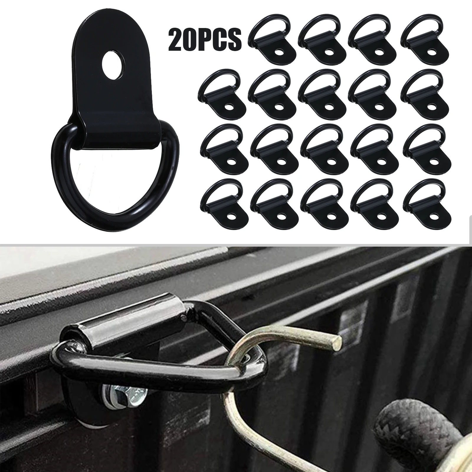 20pcs Black D Shape Pull Hook Tie Down Anchors Ring Iron Stainless Steel Cargo Tie Down Ring for Car Truck Trailers RV Boats