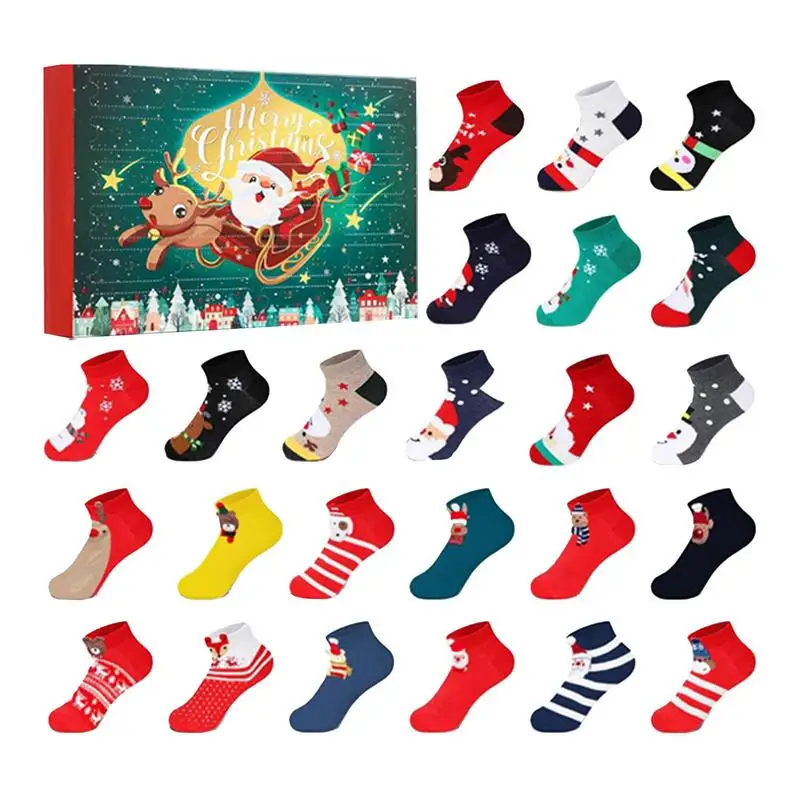 Christmas Stocking Advent Calendar 24 Days Countdown Christmas Cotton Socks For Adults Different Pattern Advent Box Socks