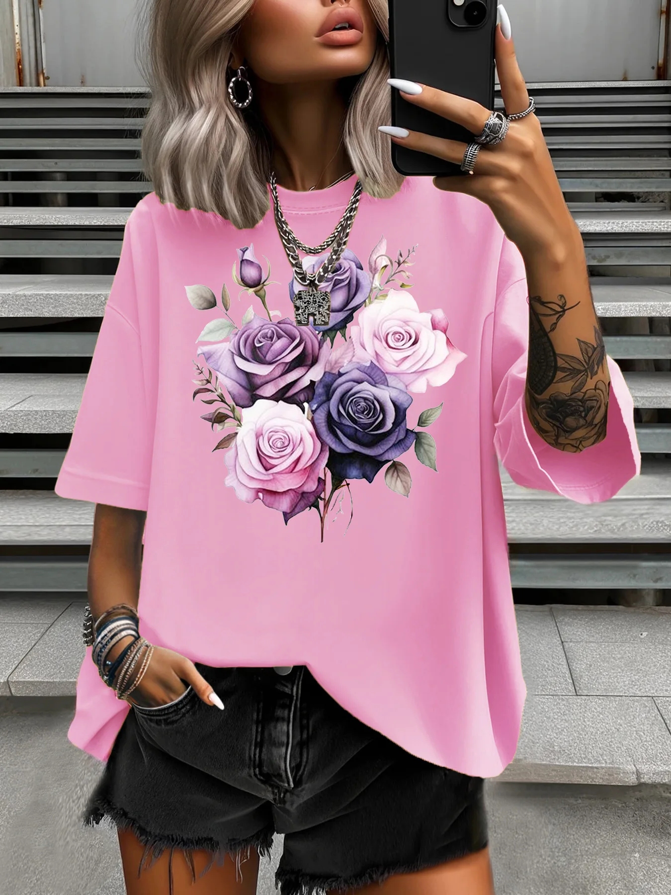 

Летняя модная женская футболка больших размеров, оригинальный дизайн, красочные женские повседневные мягкие топы с круглым вырезом и короткими рукавами с принтом роз