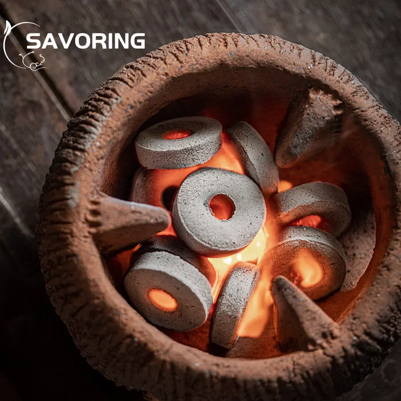 Furnace Cooking Tea Charcoal Stove with Iron Net Handmade Tree Grain Home Indoor Clay Pottery Japanese Retro Small Stove