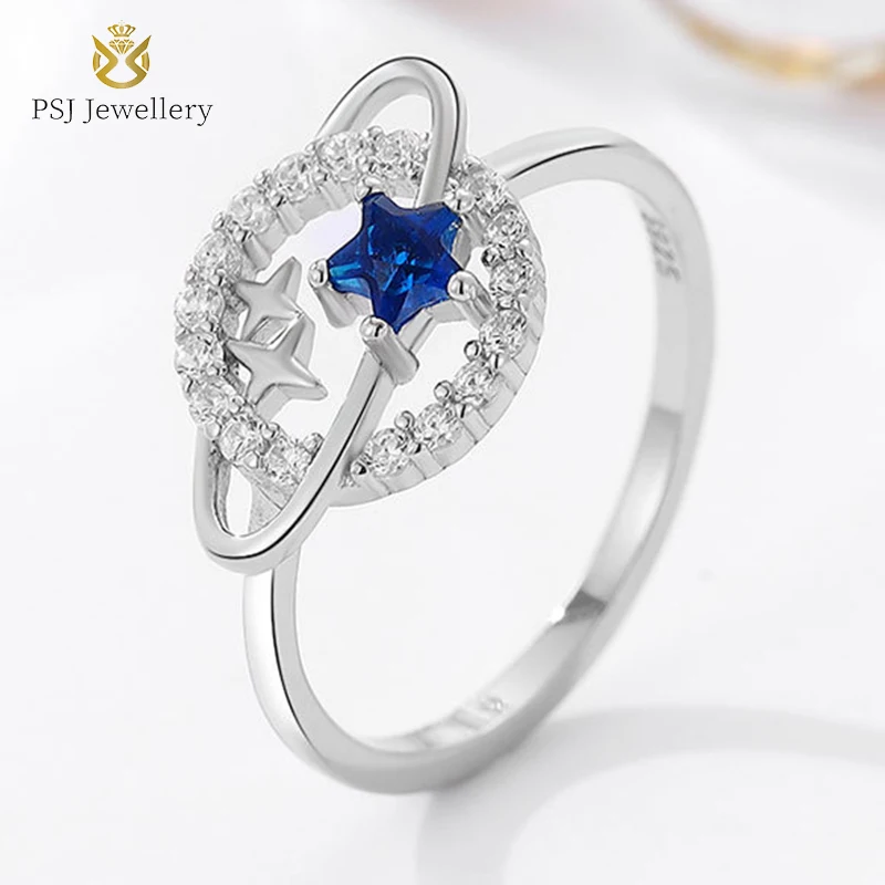 

PSJ Fashion Luxury Jewelry Planet Blue Star Design Platinum Plated S925 Sterling Silver Rings for Women Wedding Engagement Gift