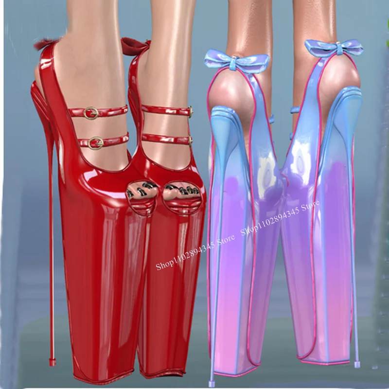 

Red Buckle Bow Knot Pumps Patent Leather Peep Toe Thin High Heel Fashion 2024 Summer Big Size Woman Shoes Zapatillas Mujer