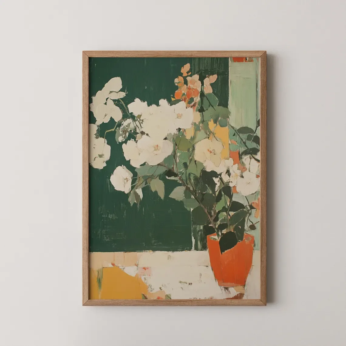 Impression d'art mural « Nature morte florale blanche et paisible » – Accents vert foncé et orange chaud, un choix apaisant pour les chambres ou les espaces de méditation