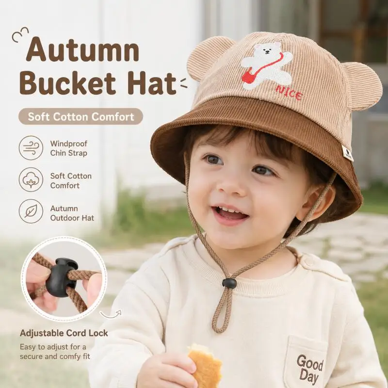 Kids Bear Ear Bucket Hat Soft Cotton Color Block Adjustable Chin Strap Autumn Sun Hat Unisex Baby Toddler Outdoor Fisherman Caps view 3