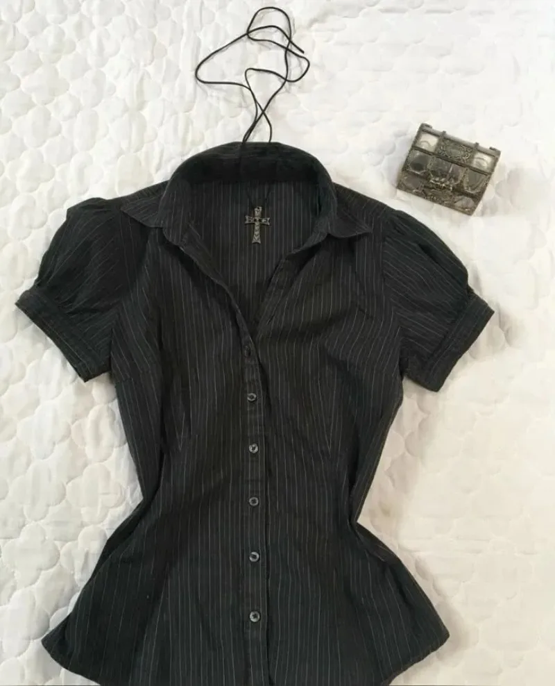 

Womens E Girl Y2K Blouse Gothic Short Sleeve Ruched Slim Waist Shirt Punk Harajuku Grunge Streetwear Vintage Party Casual Tops