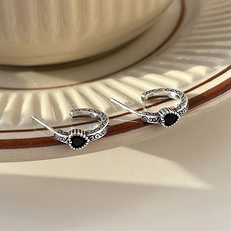 Foxanry Black Zircon Love Heart Stud Earrings For Women Girls Vintage Trendy Personality Temperament Hip Hop Birthday Jewelry